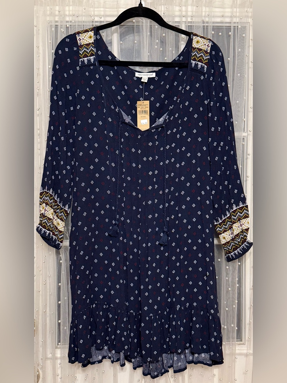 American Eagle Outfitters Navy Printed Boho Tassel Tunic Dress XXS